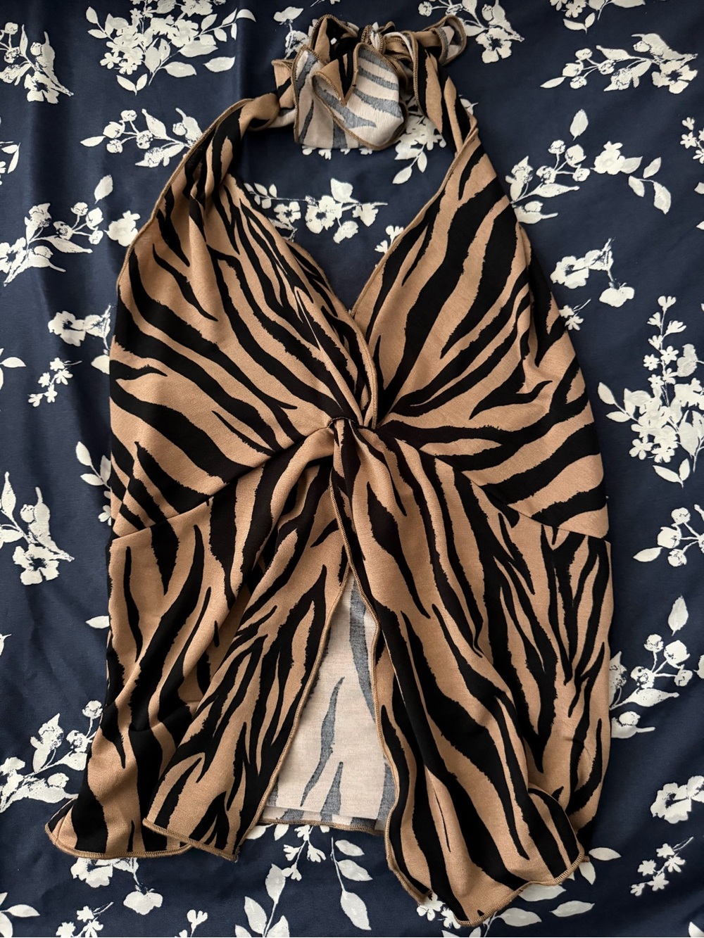 Timing Neutral Zebra-Print Halter Top in Beige and Gray